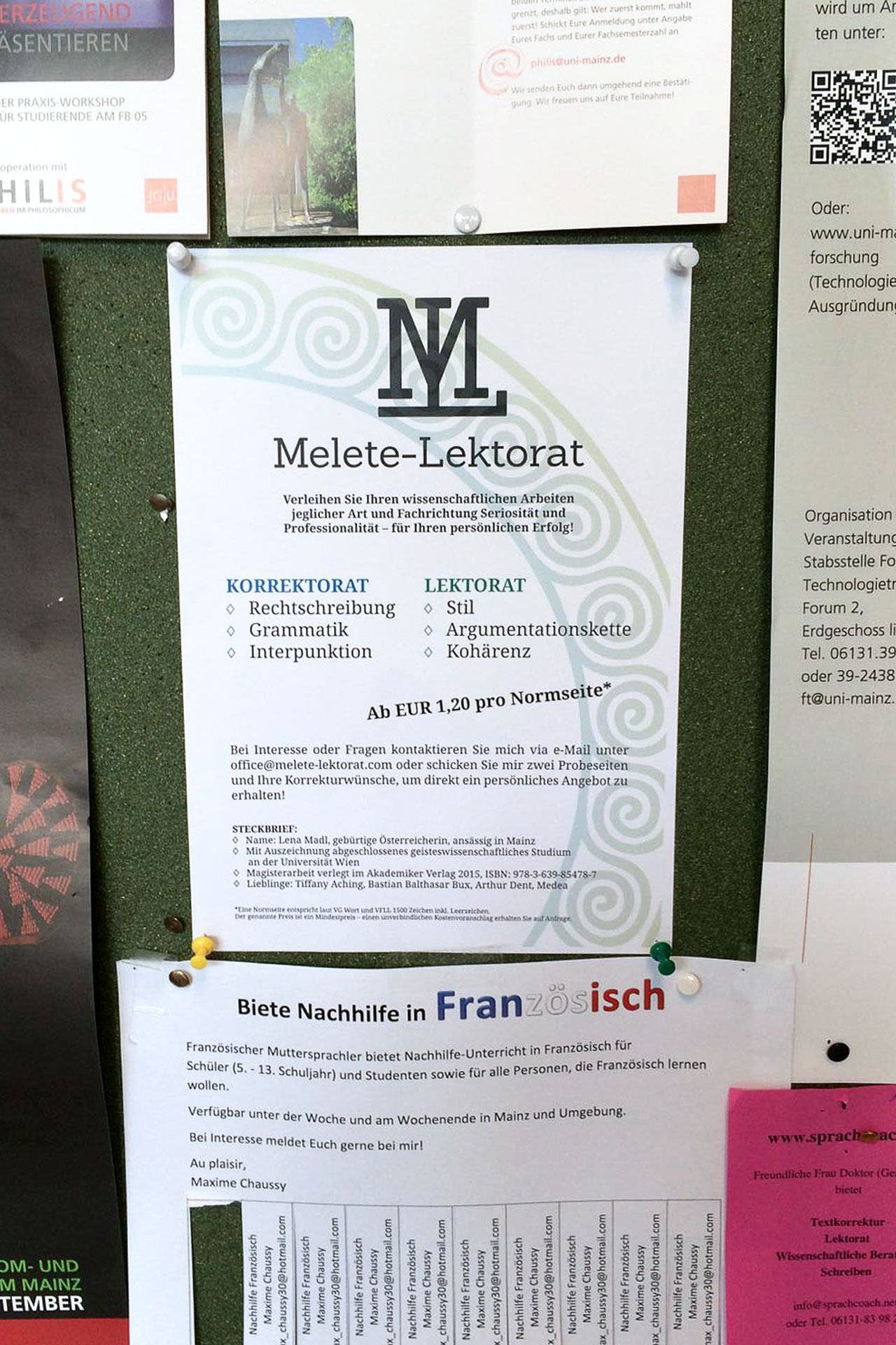 Melete Lektorat, Aushang